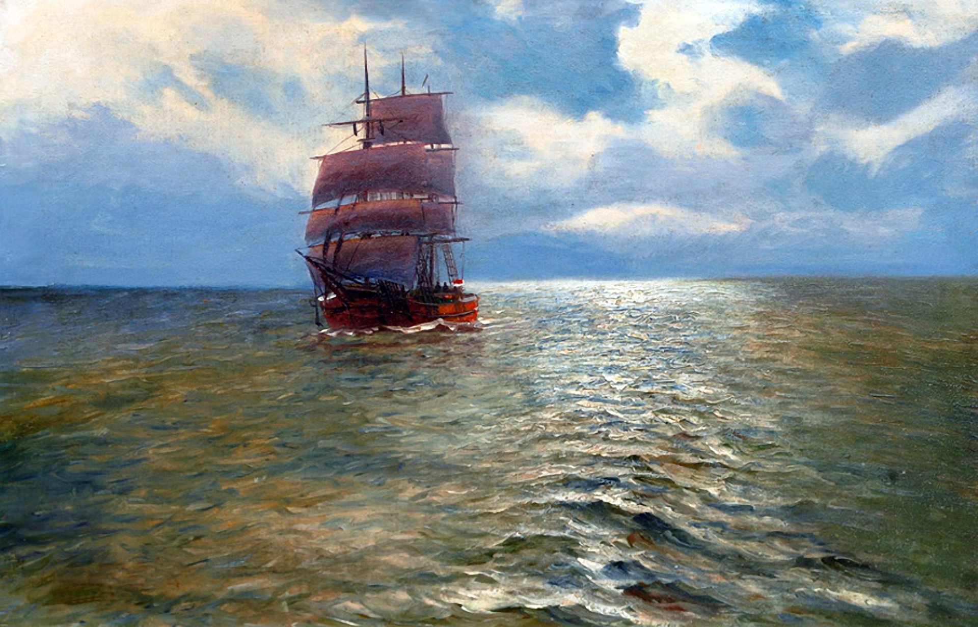 alfred jansen pittura paesaggio mare cielo nave vele