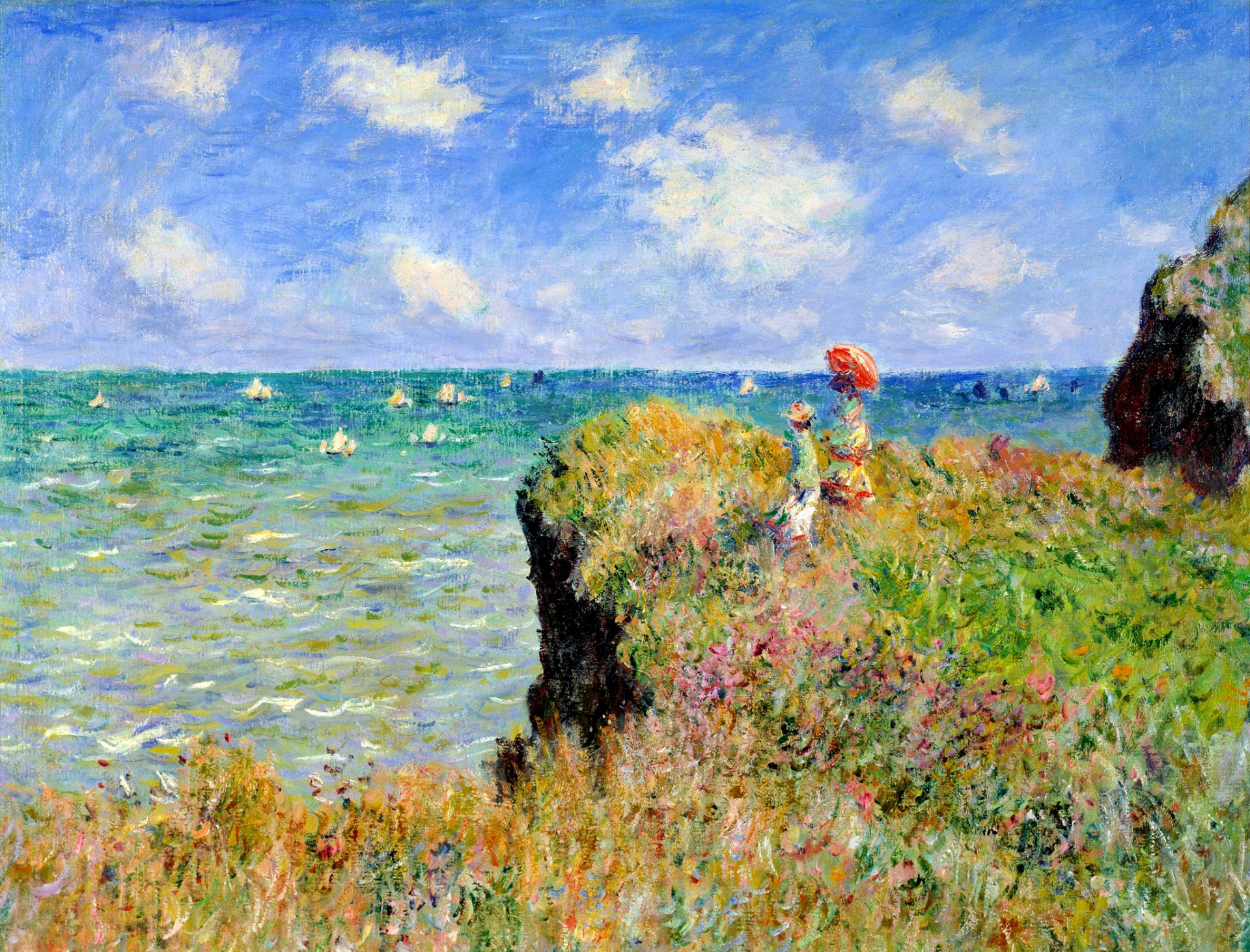 claude monet pintura paisaje mar barco vela rocas hierba flores