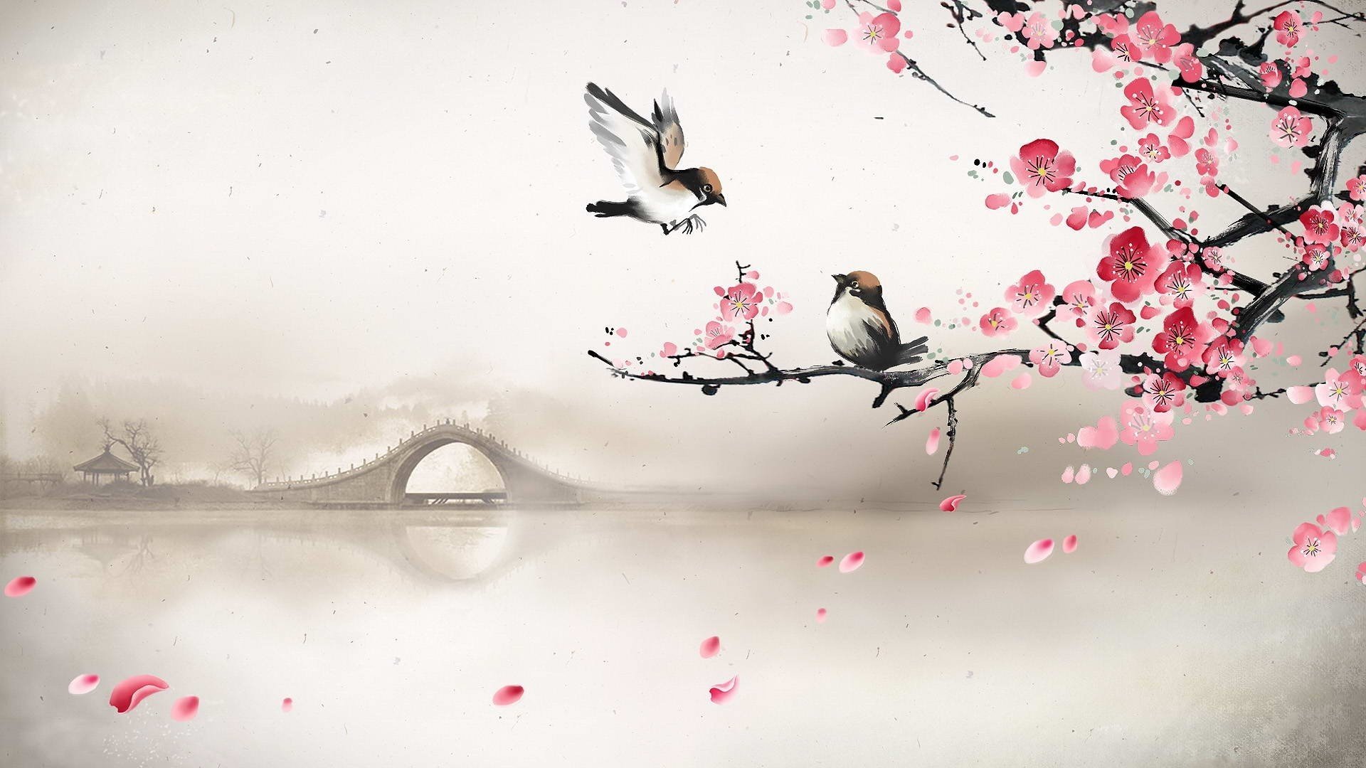 pring art sakura bridge birds river morning fog sakura petal