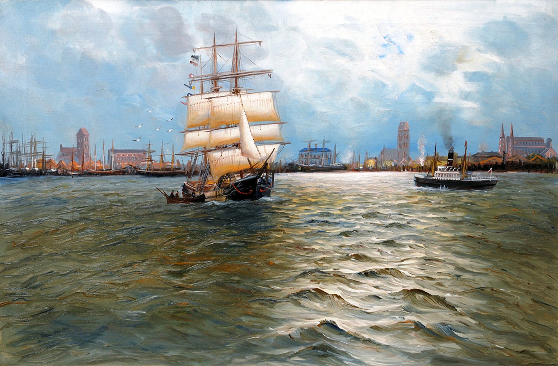 alfred jansen peinture paysage mer ciel navire voilier bateau à vapeur ville port