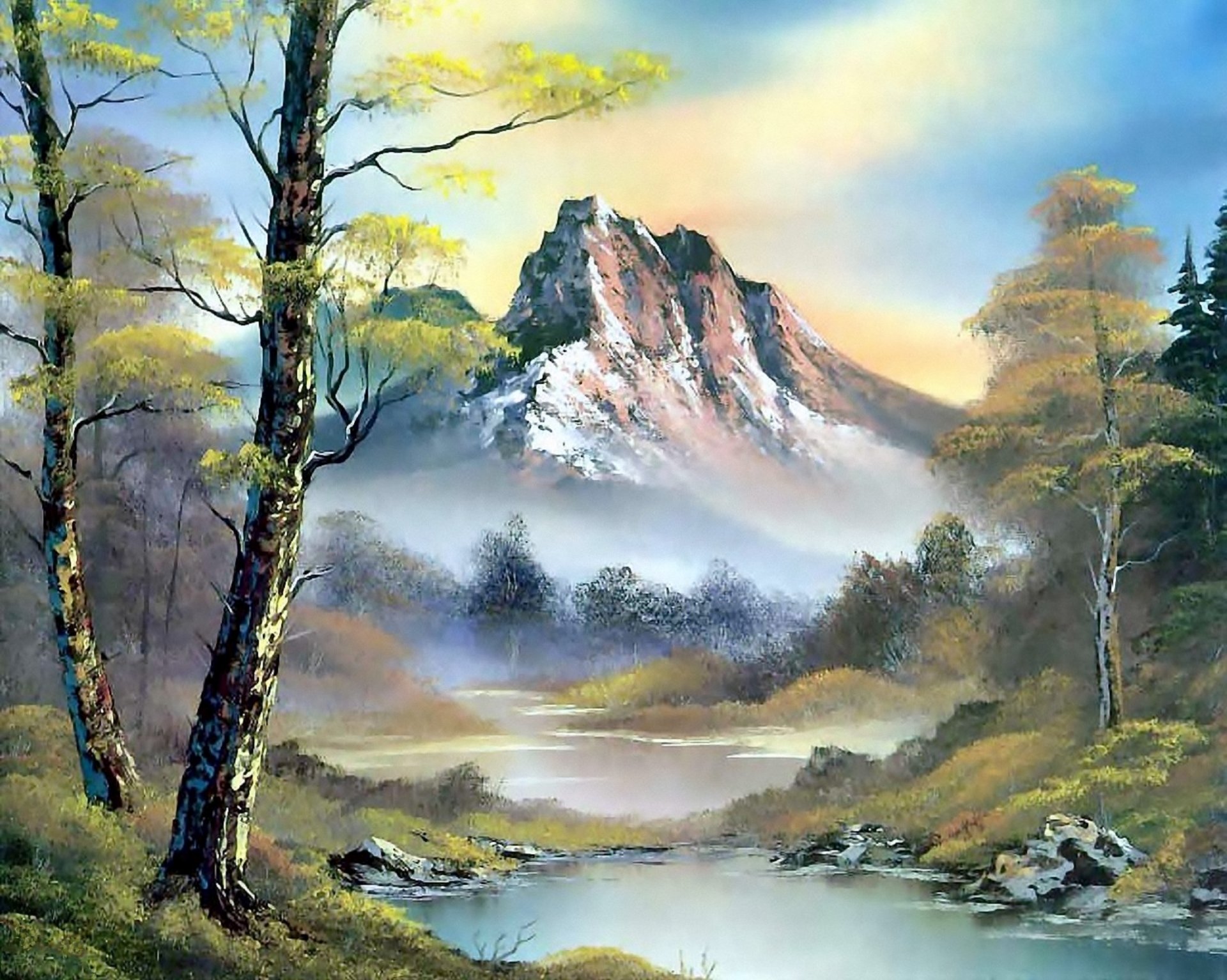 malerei bob ross malerei landschaft natur berge fluss wasser wald bäume himmel wolken