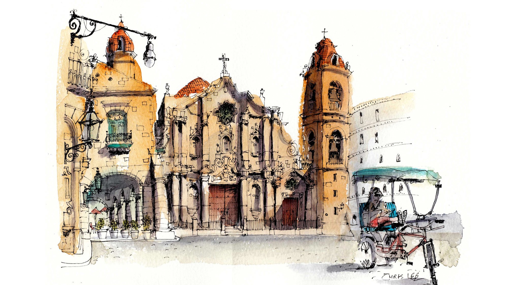 la habana cuba catedral casas calle dibujo pintura