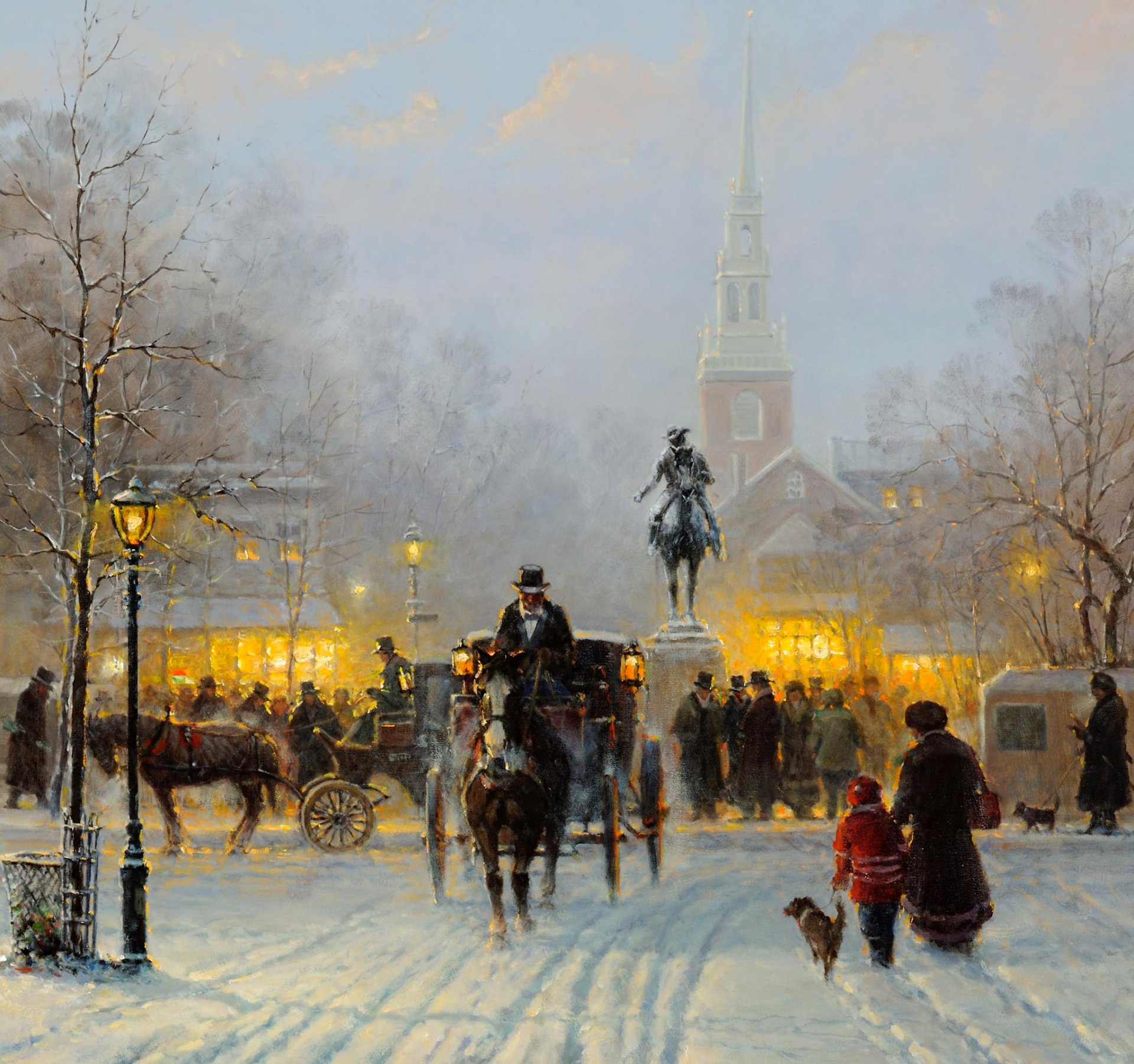 harvey g sera d inverno nella vecchia boston pittura città boston inverno monumento neve persone carrozza