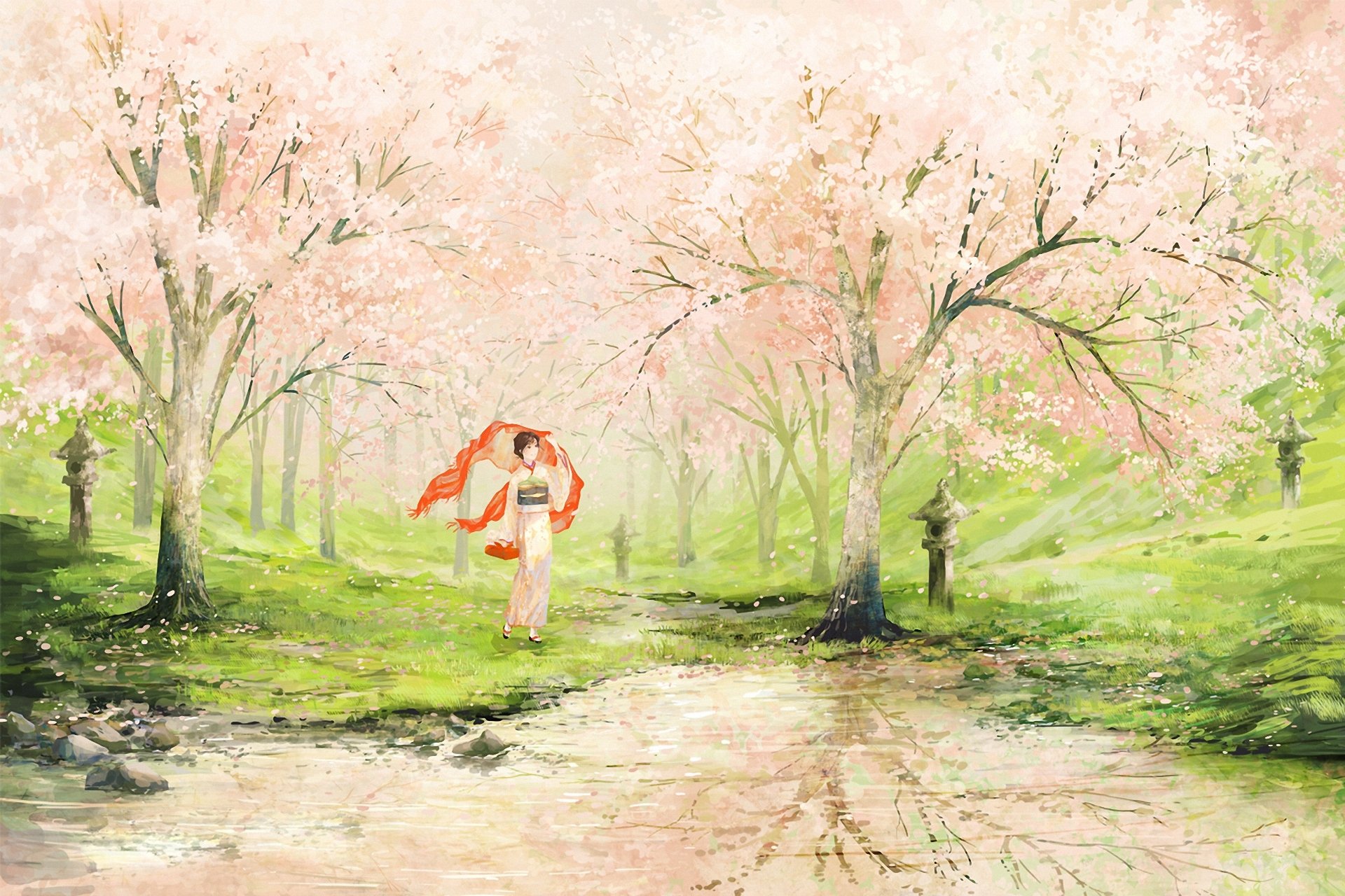 art paysage peint fille printemps jardin pommiers lac