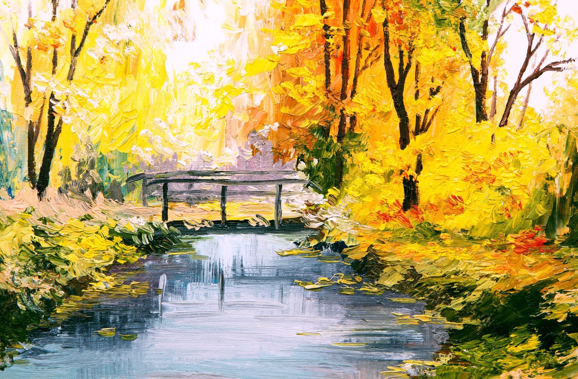 kunst malerei malerei jahreszeiten bunt herbst wald park fluss brücke charme natur farbe pinselstriche öl auf leinwand