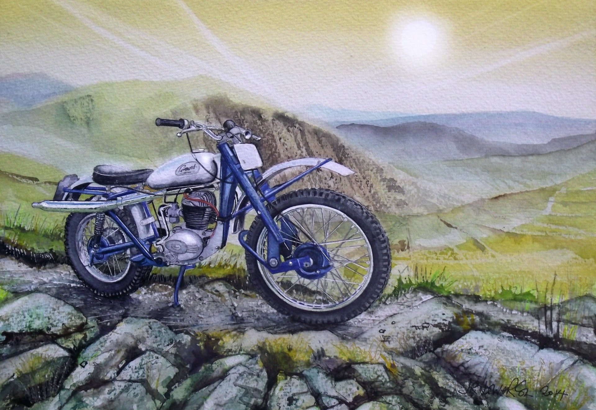 motocicleta montañas pintura dibujo