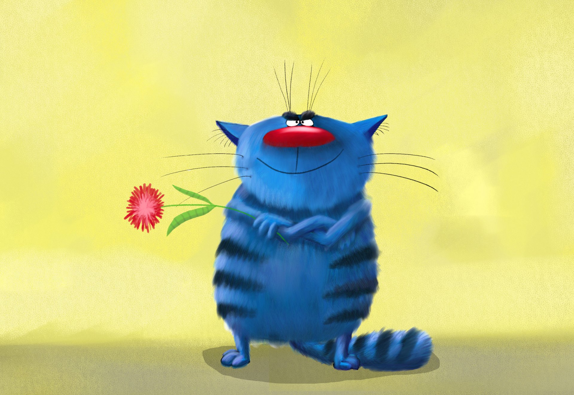 ricerca correlata: pittura di arte immagine gatto divertente a strisce blu freddo sorridente in possesso di zampe fiore astra sorpresa vernice acquerello