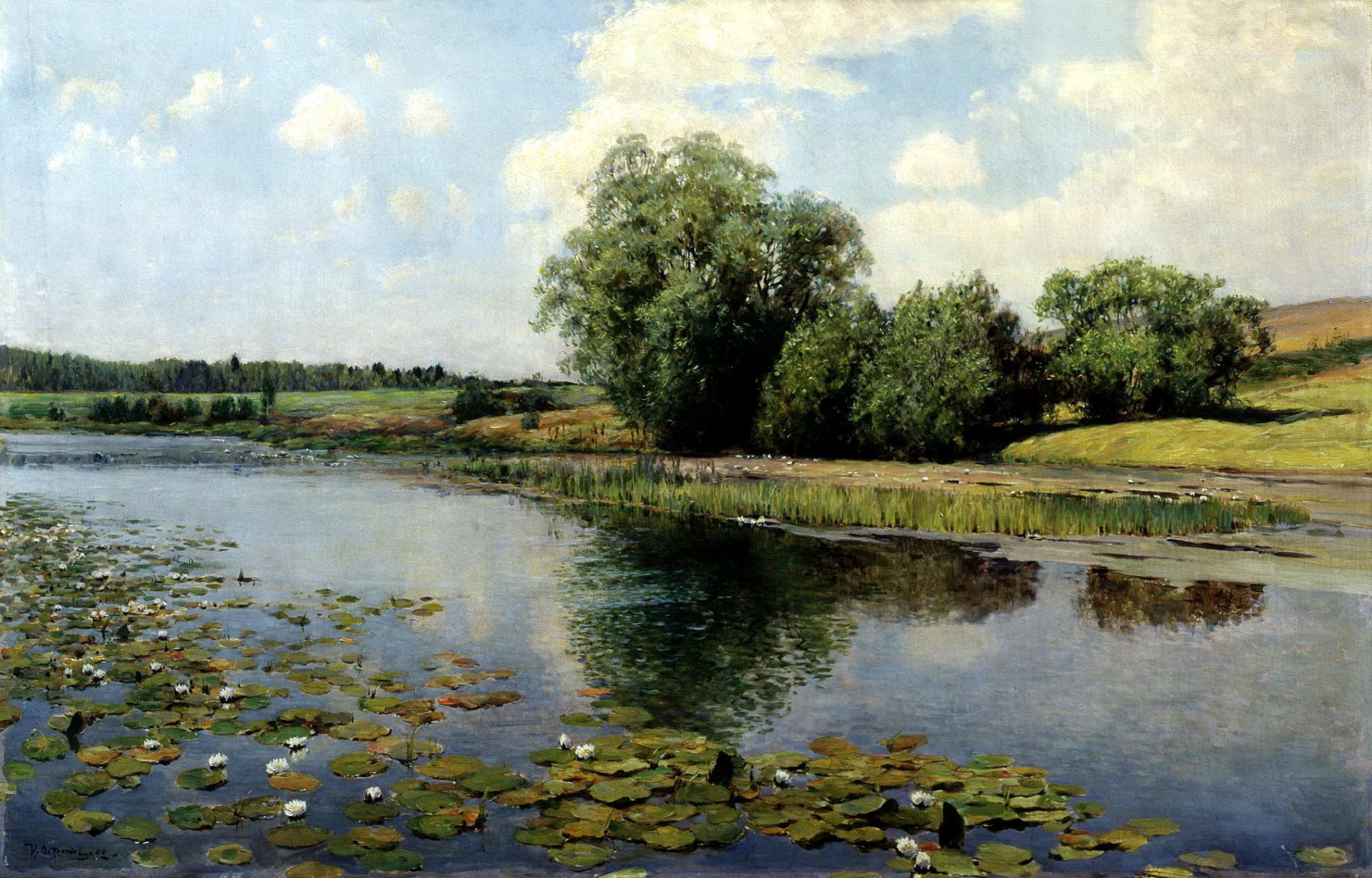 pintura ostroukhov río al mediodía pintura agua nenúfares juncos arbustos árboles cielo