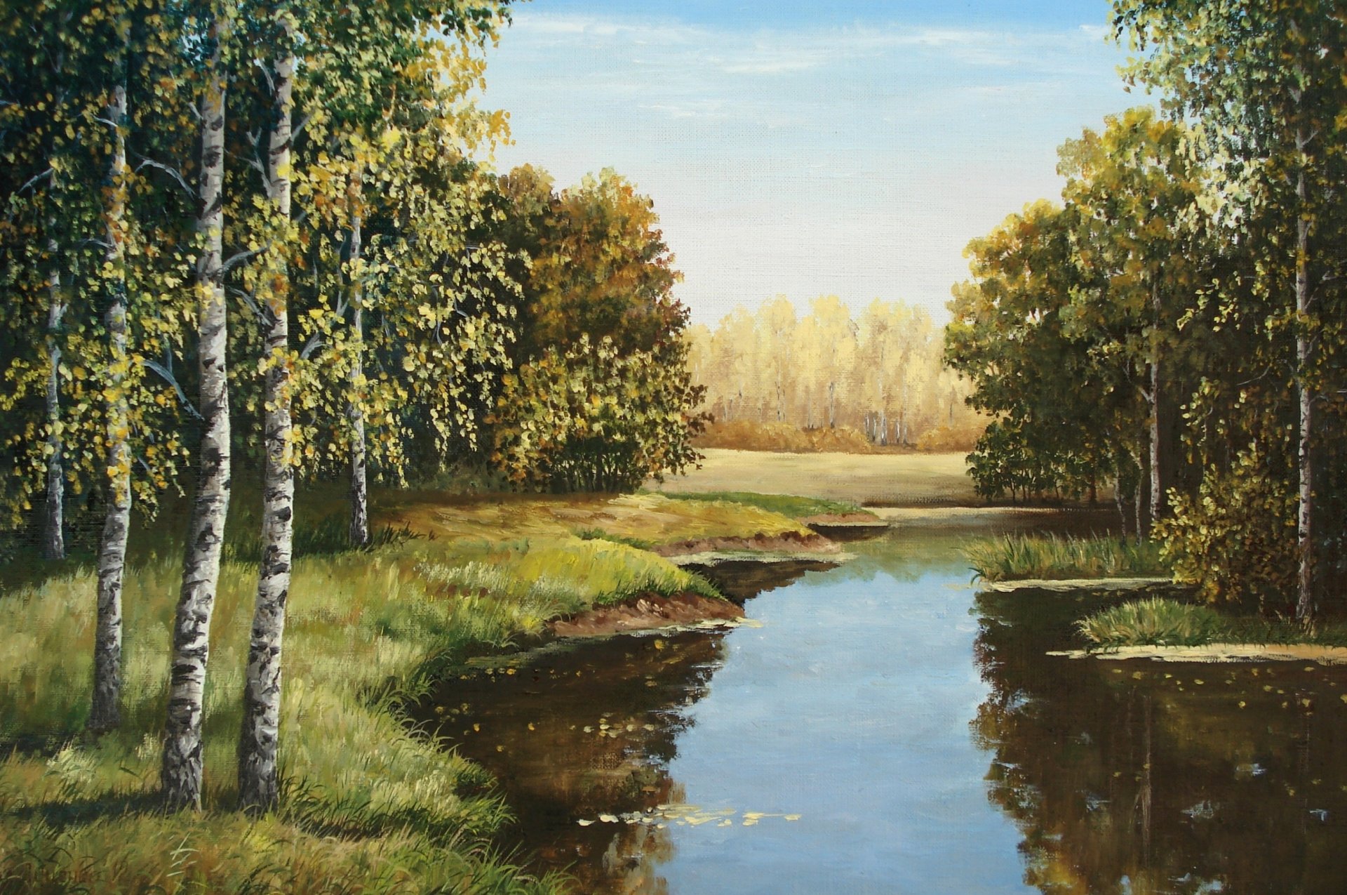 peinture artiste loutsenko souffle d automne peinture rivière eau forêt côte ciel