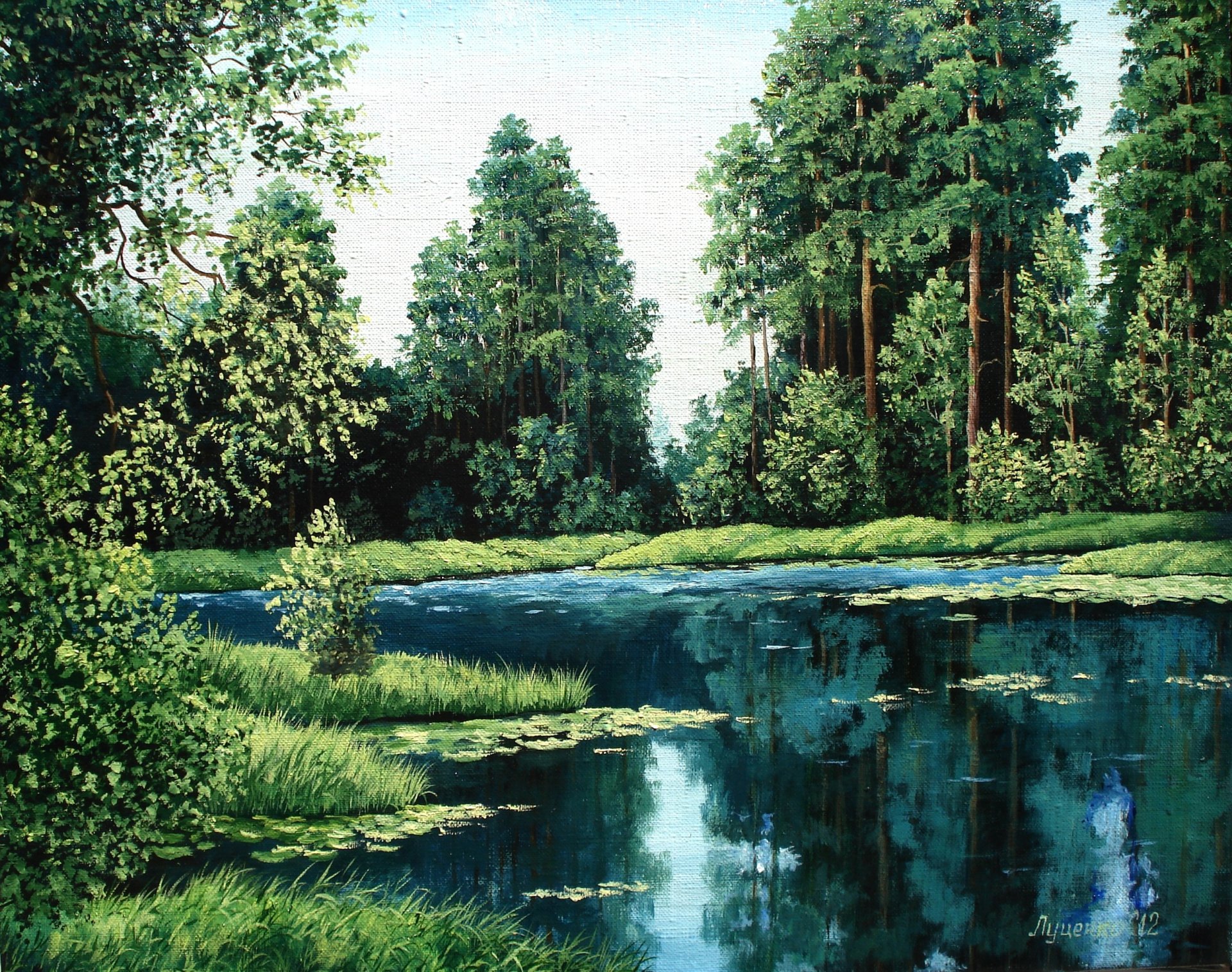 pintura lutsenko pinos pintura paisaje naturaleza árboles bosque lago agua