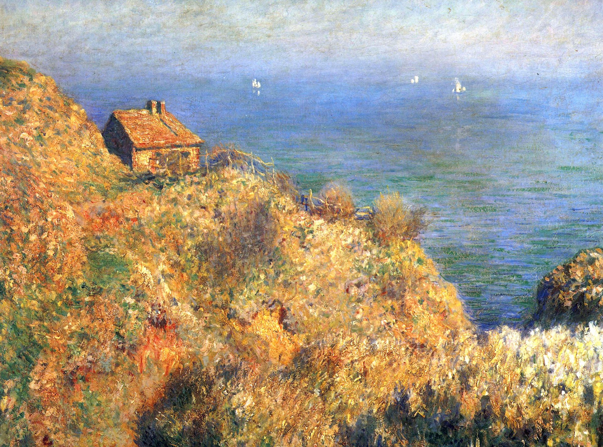 claude monet pintura paisaje mar rocas casa barco vela