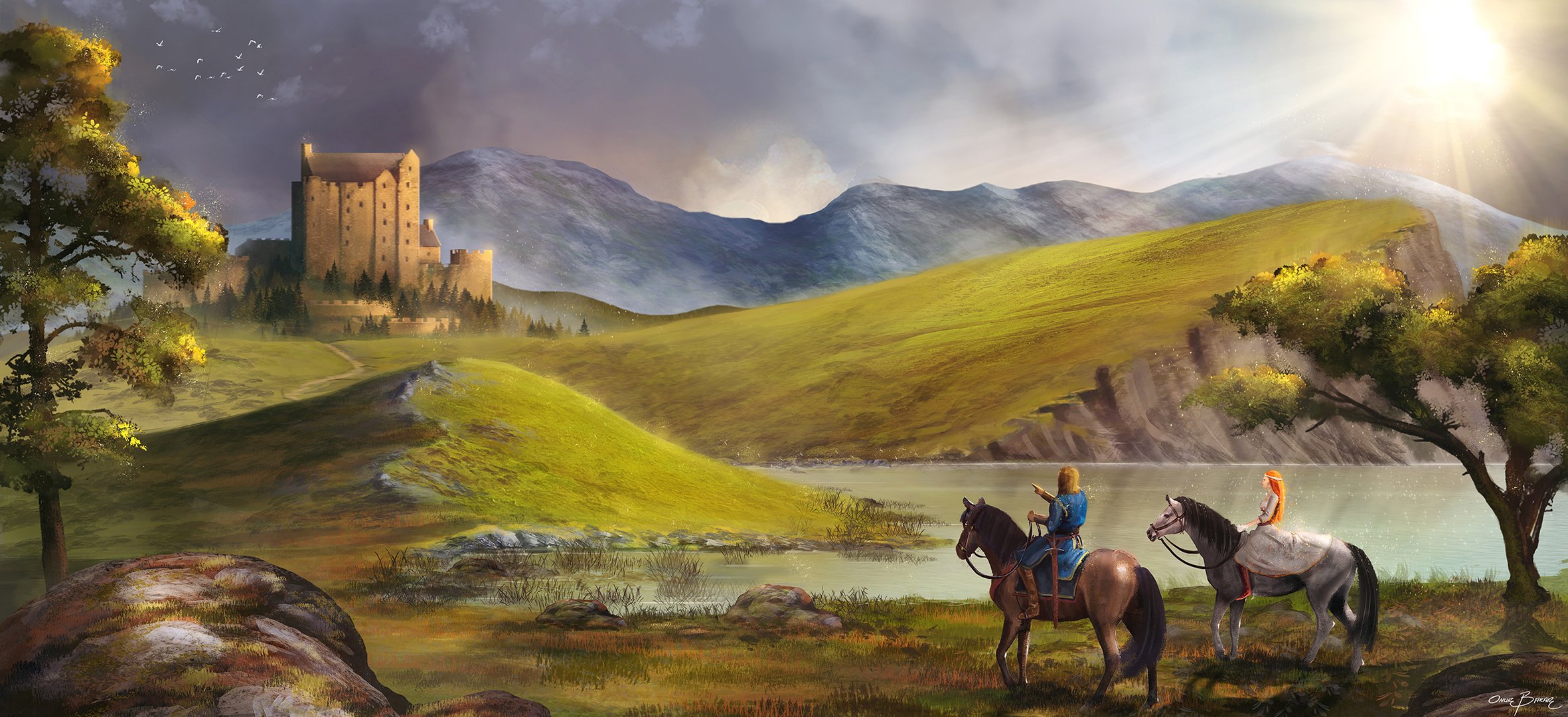 art landscape castle hills lake horses riders guy girl walk