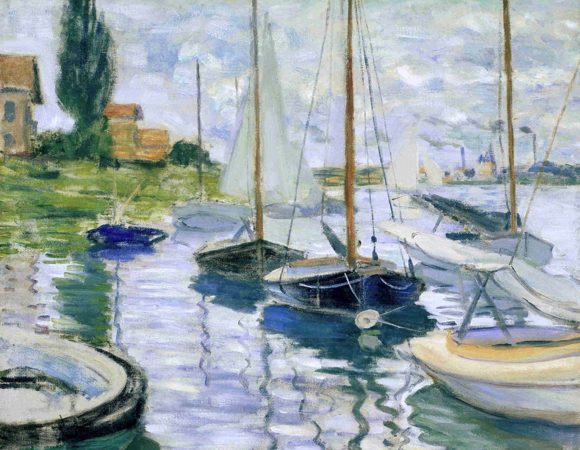 claude monet pintura paisaje río barco vela casa