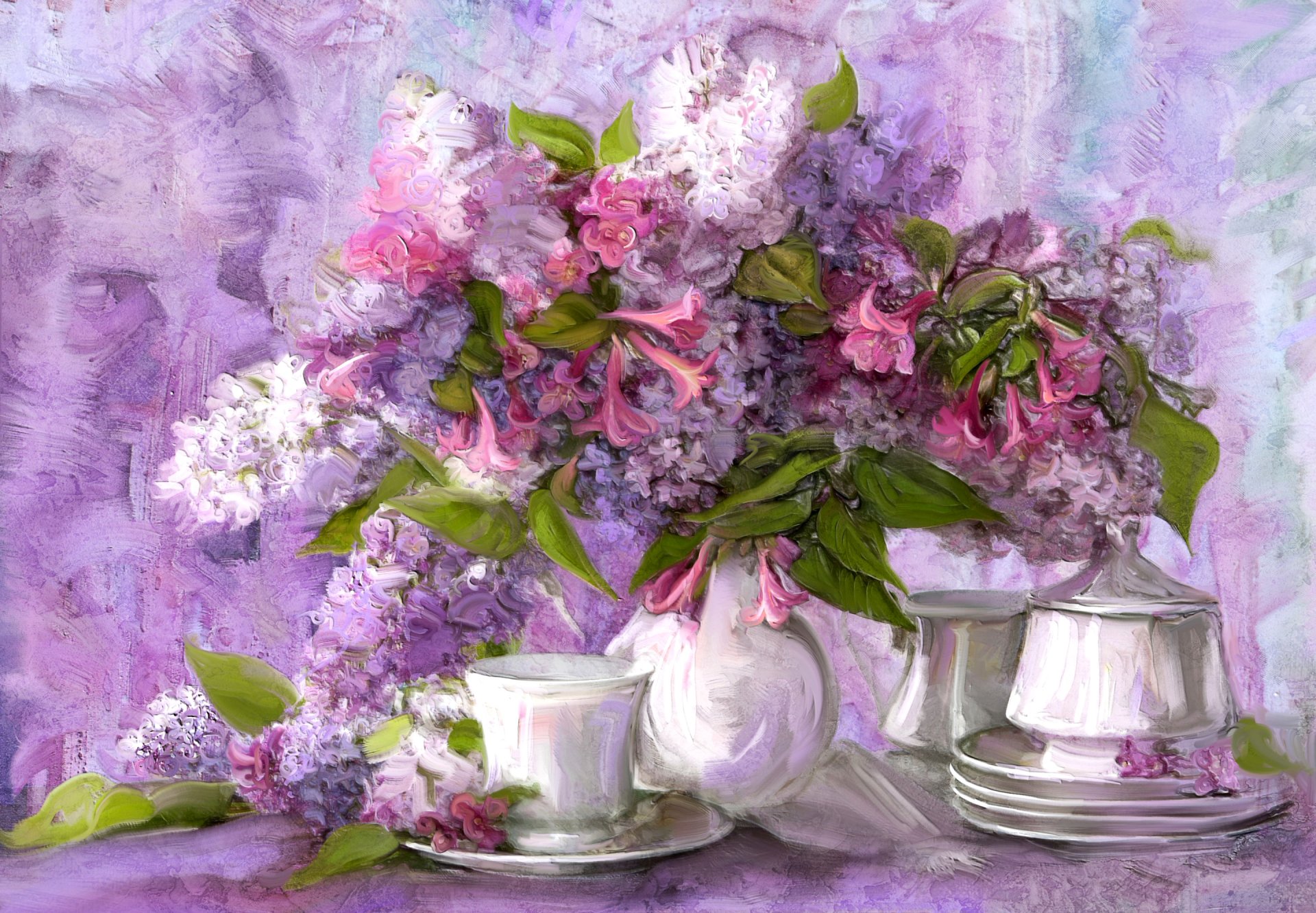 pittura natura morta bouquet fiori tazza piattino set