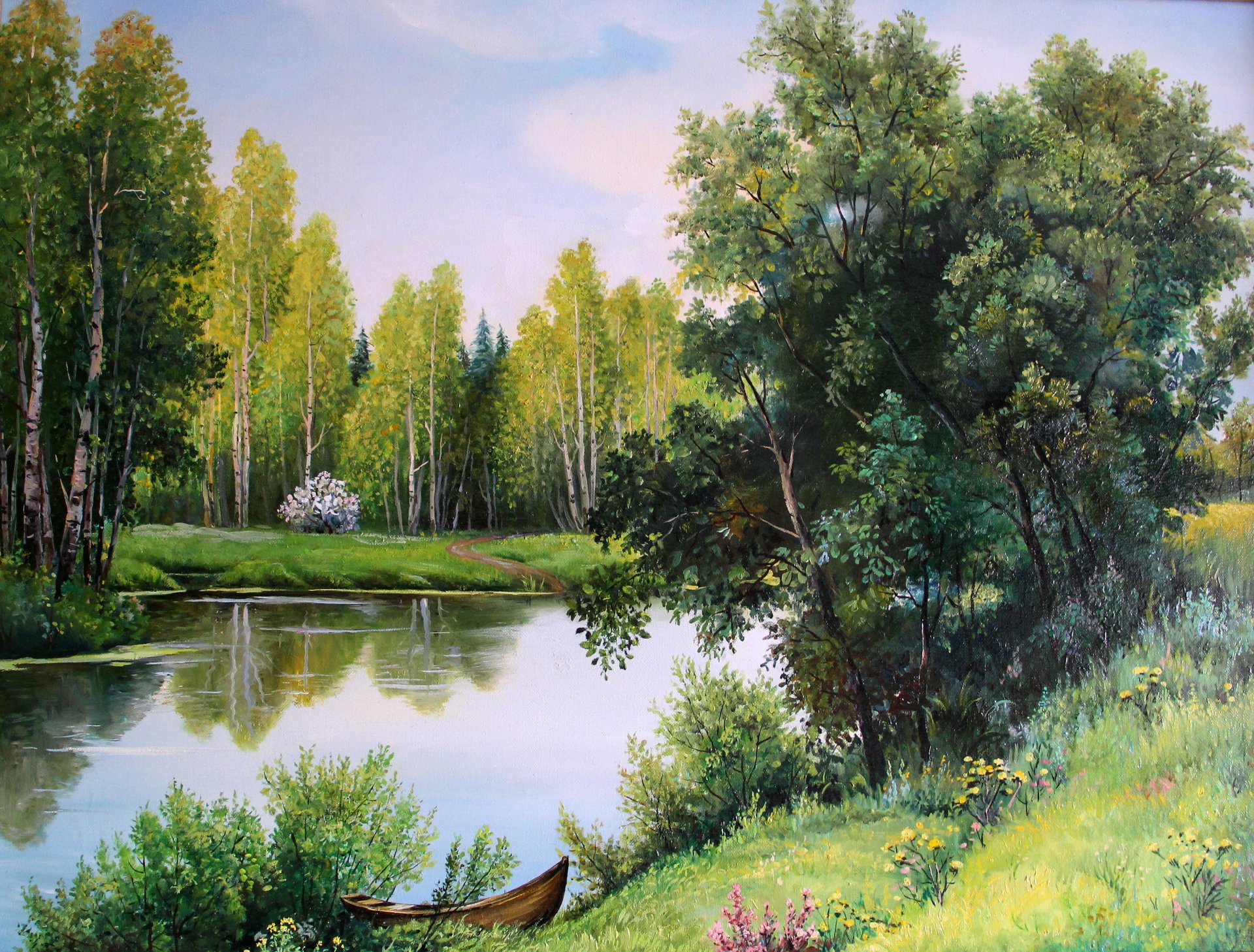 dibujo lienzo gorbatenko mayo verde naturaleza paisaje bosque río árboles orilla barco arbustos