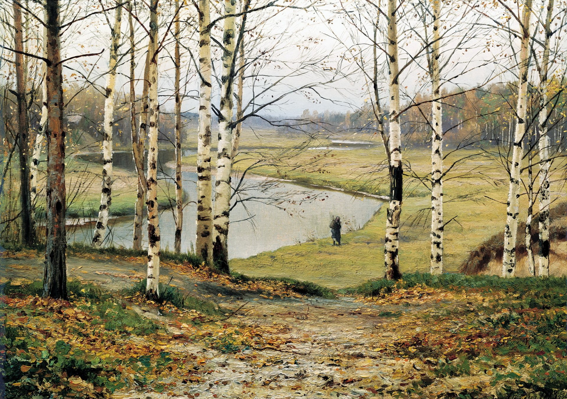 pittura lupi ottobre pittura paesaggio autunno foresta alberi fiume acqua riva uomo figura