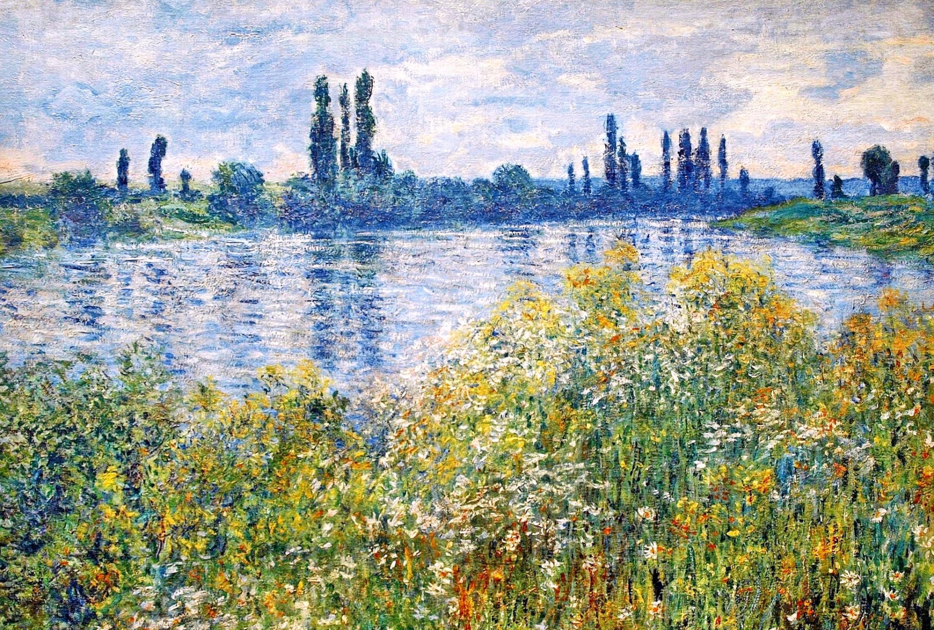 claude monet gemälde landschaft fluss himmel bäume blumen gras