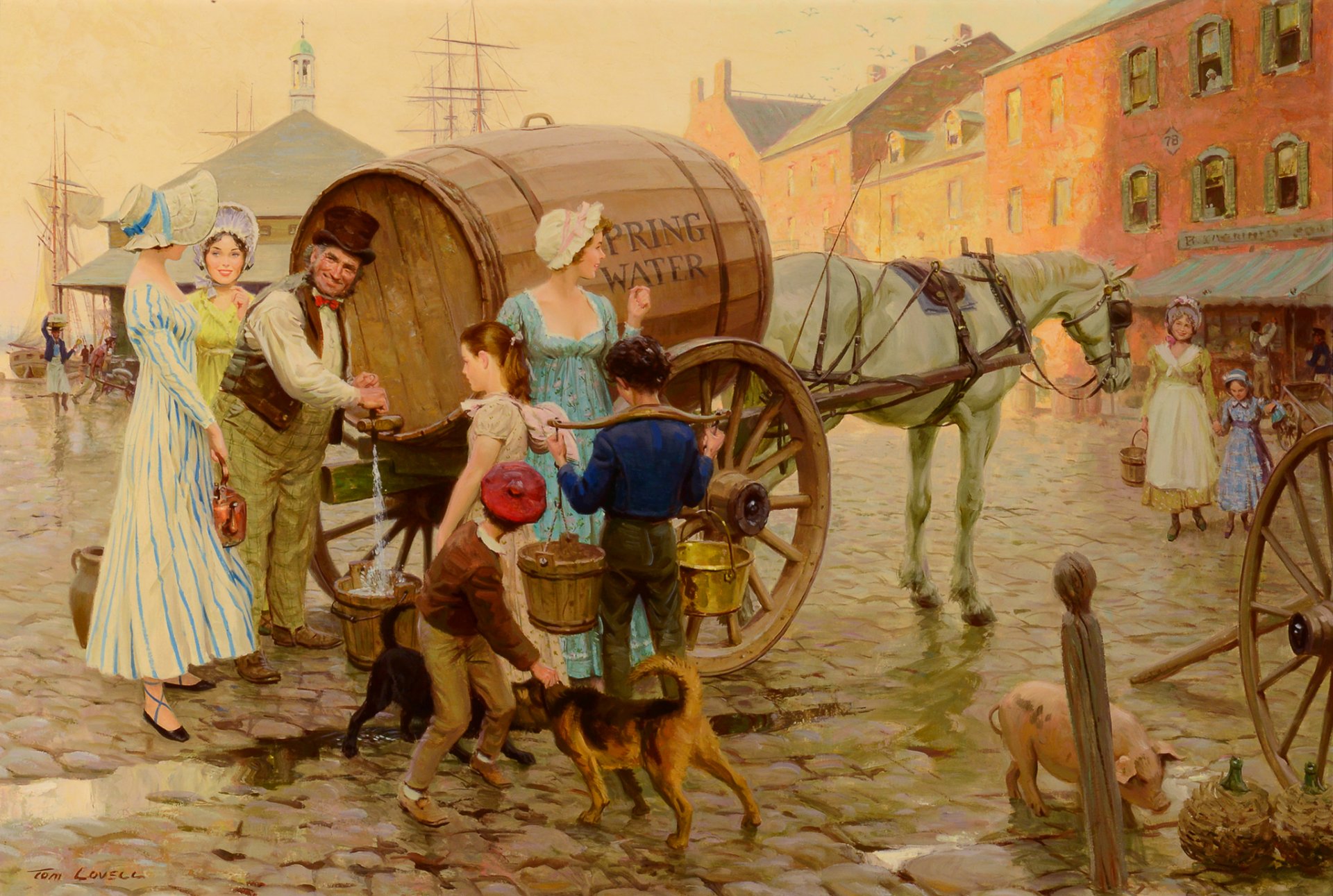 tom lovell venditore di acqua di primavera pittura genere città strada persone bambini barile acqua cane