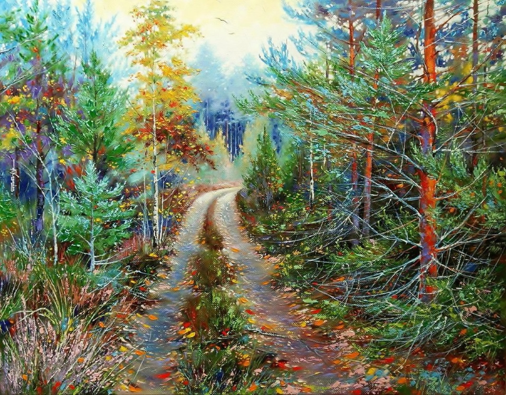 pittura hodyukov strada forestale pittura olio su tela paesaggio natura