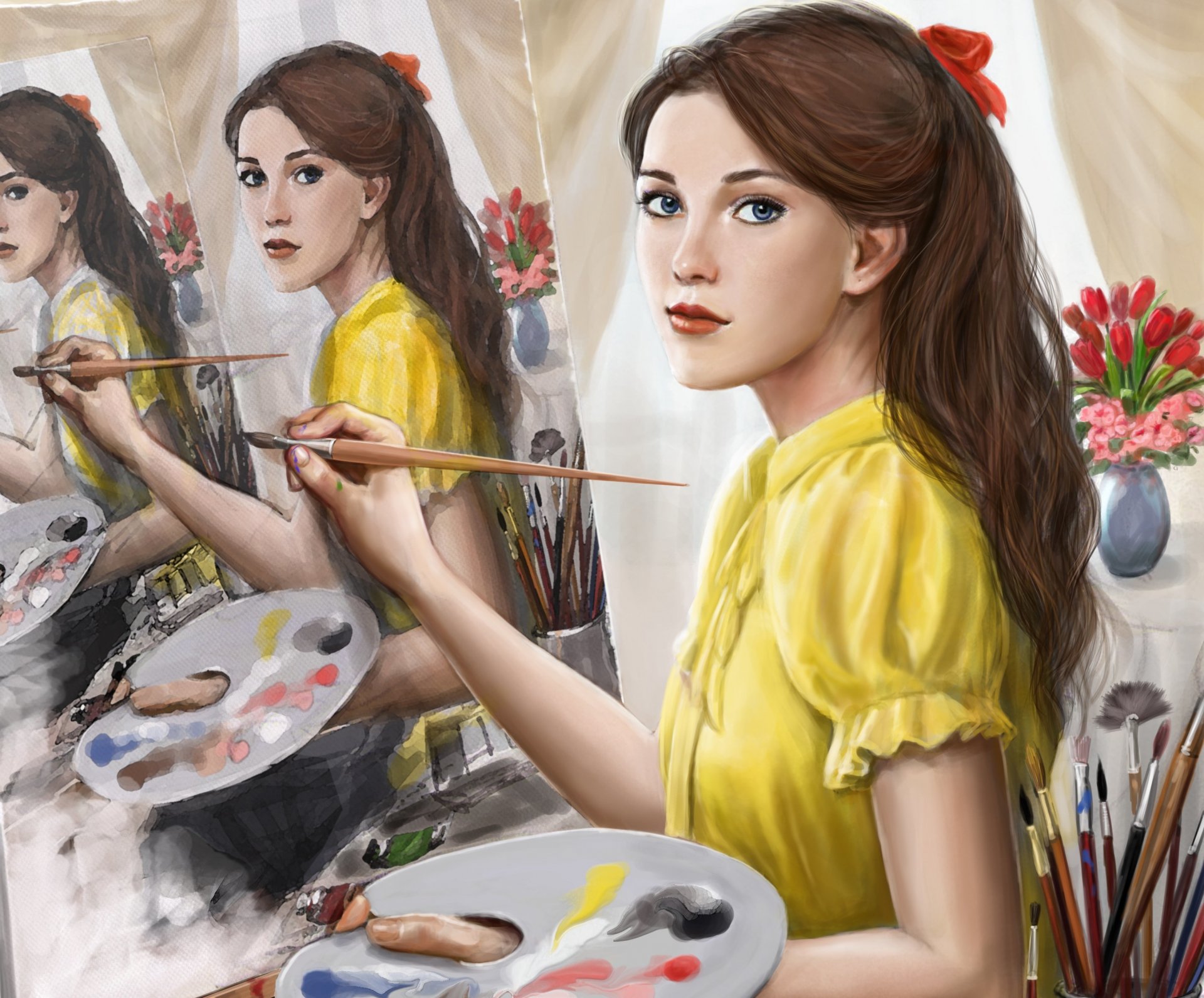 painting art girl view hair bow brush paint the artist pattern