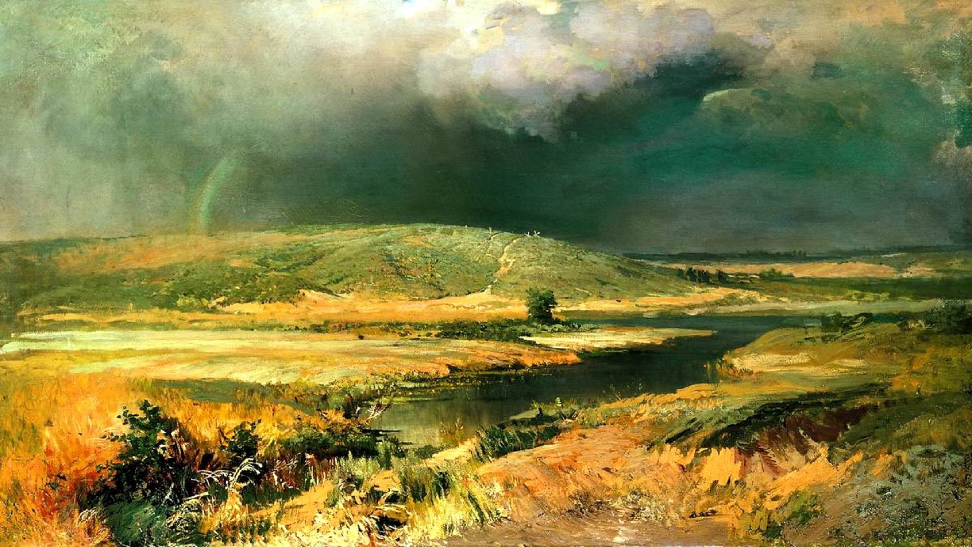 peinture vassiliev fiodor lagune de la volga peinture paysage rivière eau ruisseau rivages collines ciel nuages nuages