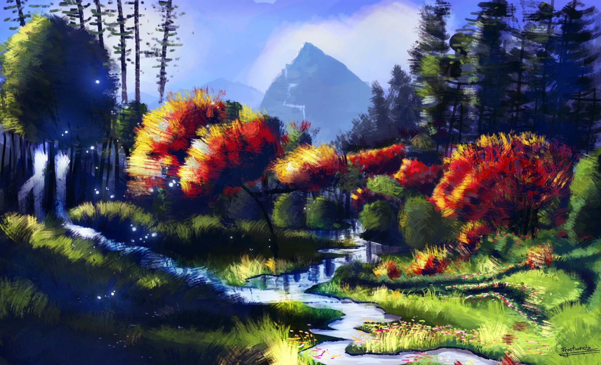 malerei kunst landschaft natur herbst bäume fluss