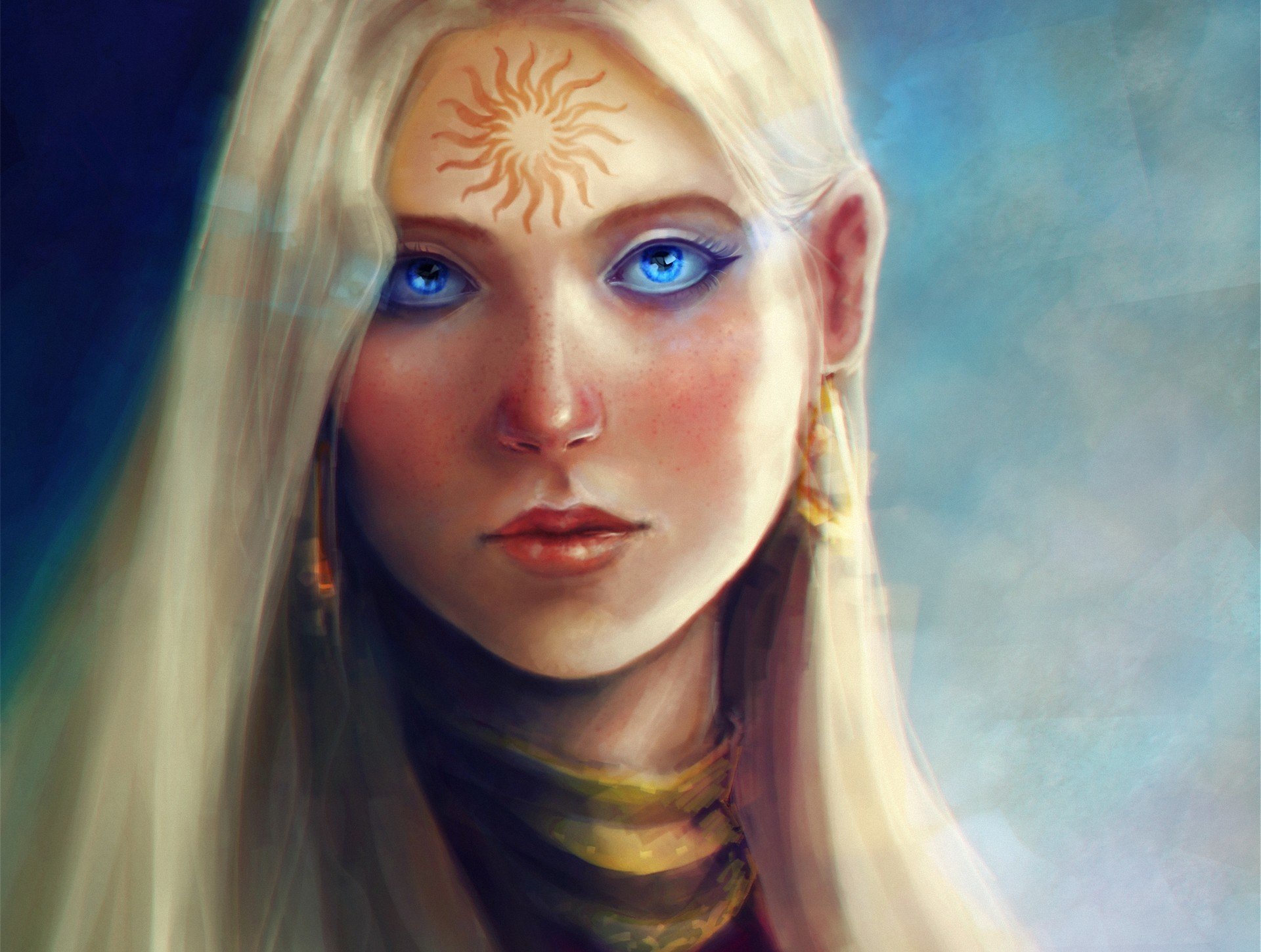 art dragon age dziewczyna twarz tatuaż wzór słońce