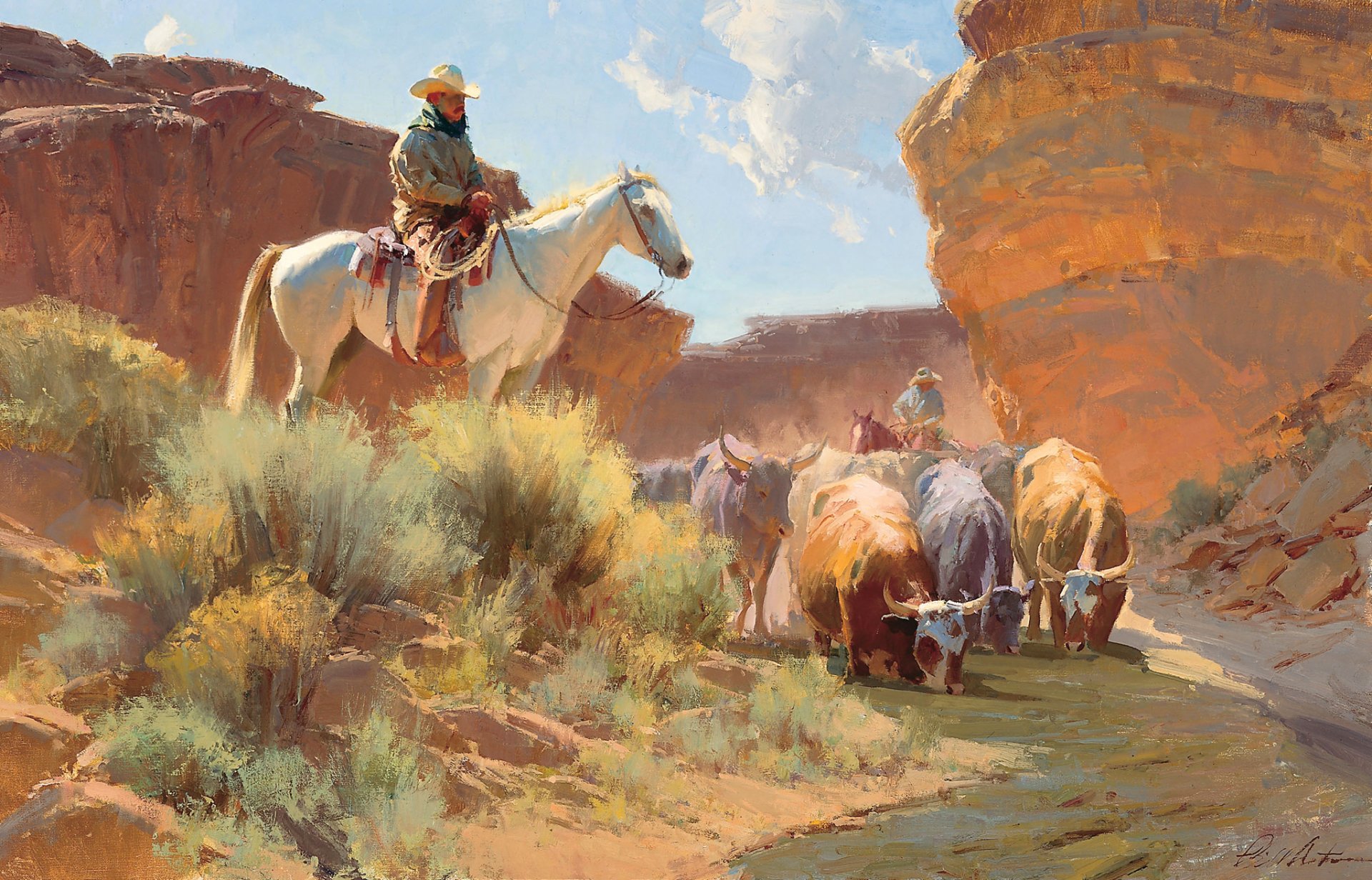 pattern cowboy horse cow river watering