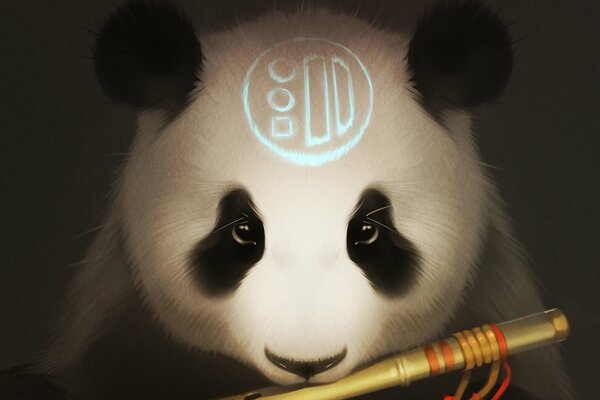 Piercing gaze of a panda playing a flute art