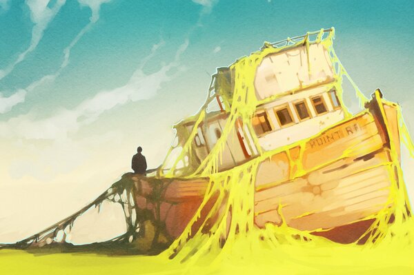 Dibujo de un barco abandonado en la orilla del mar