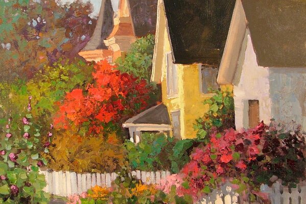 Art by Sean Wallis with houses, flowers and a fence