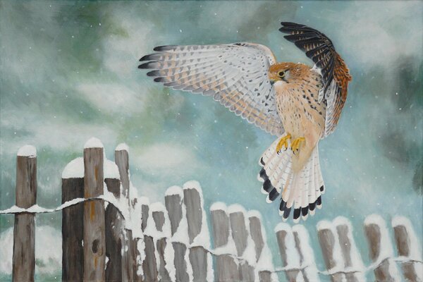 Painting owl hunting in winter