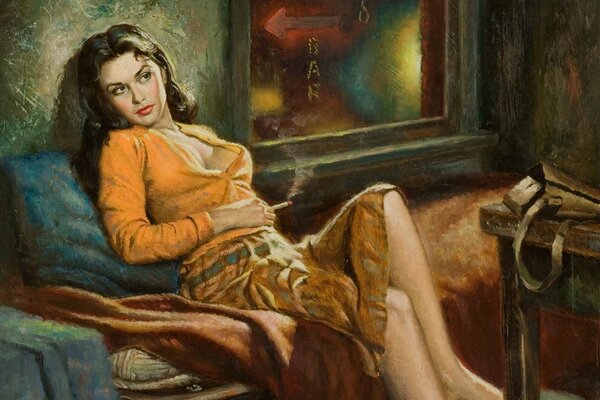 In the picture, a girl with a cigarette is sitting in an armchair