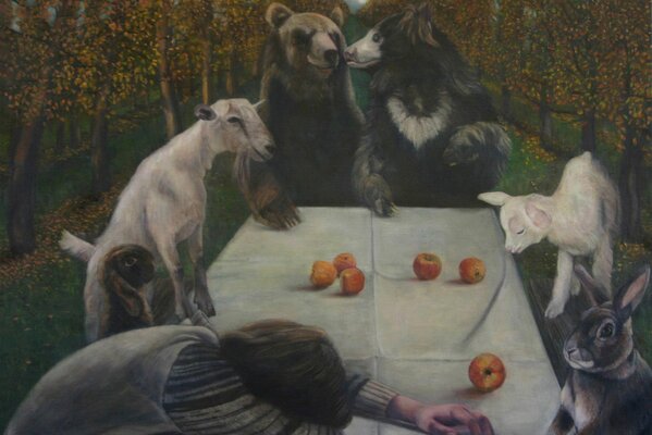 A picture of animals sitting at a table