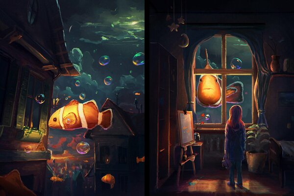 Fantastic art with fish in the night sky outside the window