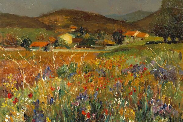 Paesaggio ad olio di Marcel Dif campo di fiori in Provenza