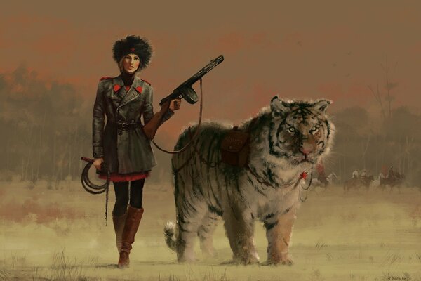 Mädchen mit Waffen und Tiger an der Leine Kunst
