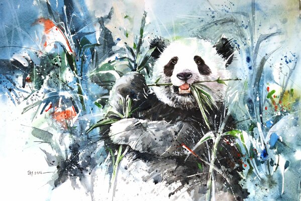 Sad panda eats bamboo on the background of beautiful nature