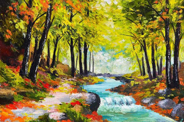 Pintura del río azul entre el bosque de otoño