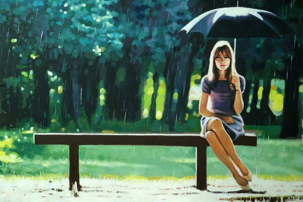 A girl is sitting on a bench under an umbrella