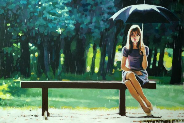 Una ragazza su una panchina si siede sotto un ombrello