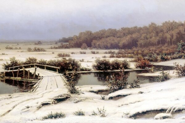 Paesaggio della natura invernale vicino al fiume