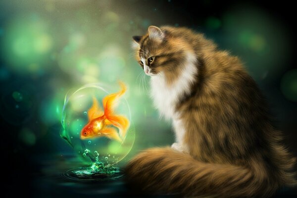 Графический рисунок кота и золотой рыбки