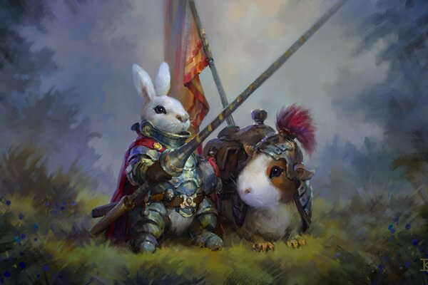 A hare and a guinea pig in knight costumes