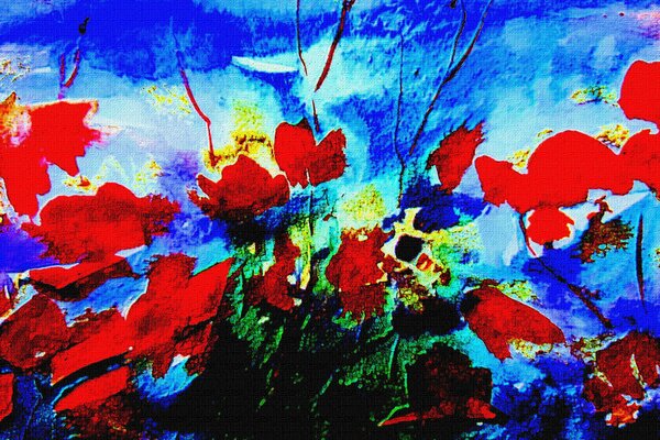 Fleurs rouges sur fond bleu