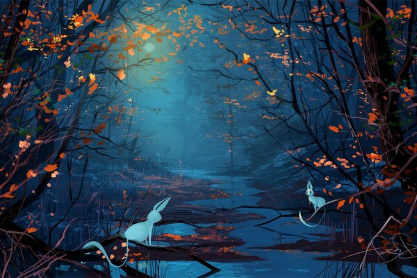 Ночная фантазия при луне на фоне деревьев