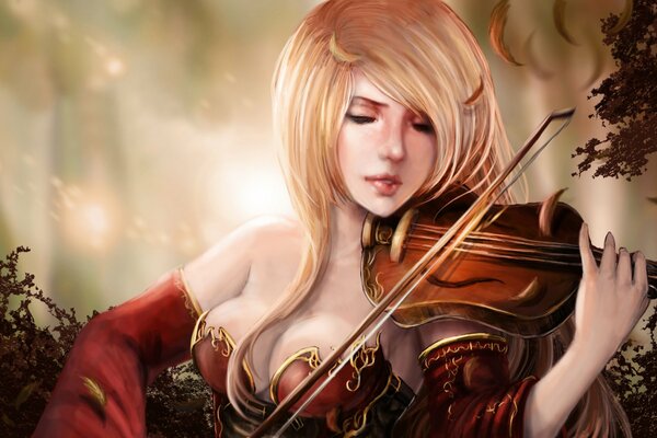 Art girl plays a beautiful melody on the violin