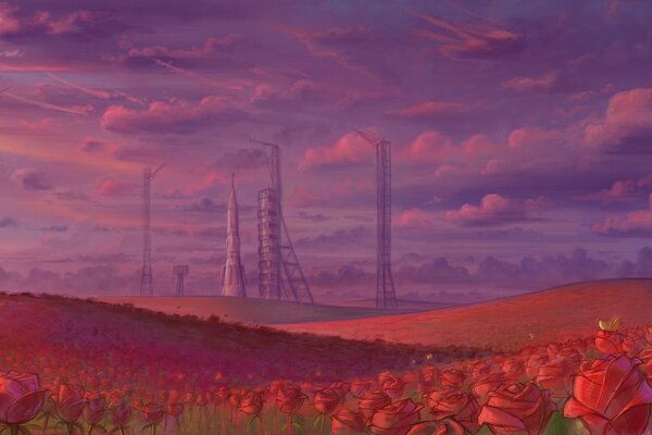 Field of roses on the background of Baikonur