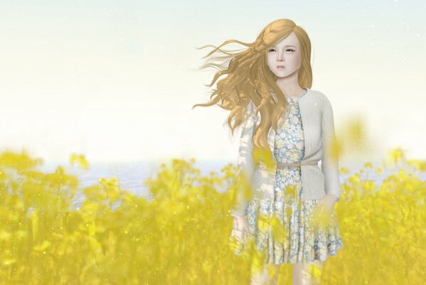 Drawing of a girl in a meadow in the tall grass