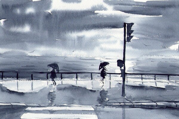 Watercolor of a rainy embankment in bad weather